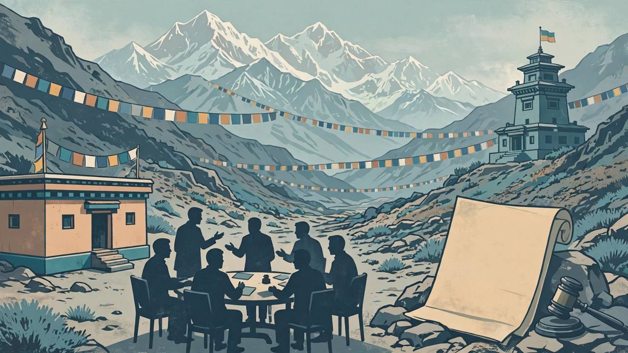 Editorial illustration of a Himalayan mountain valley with a small assembly building and generic figures debating, representing Ladakh