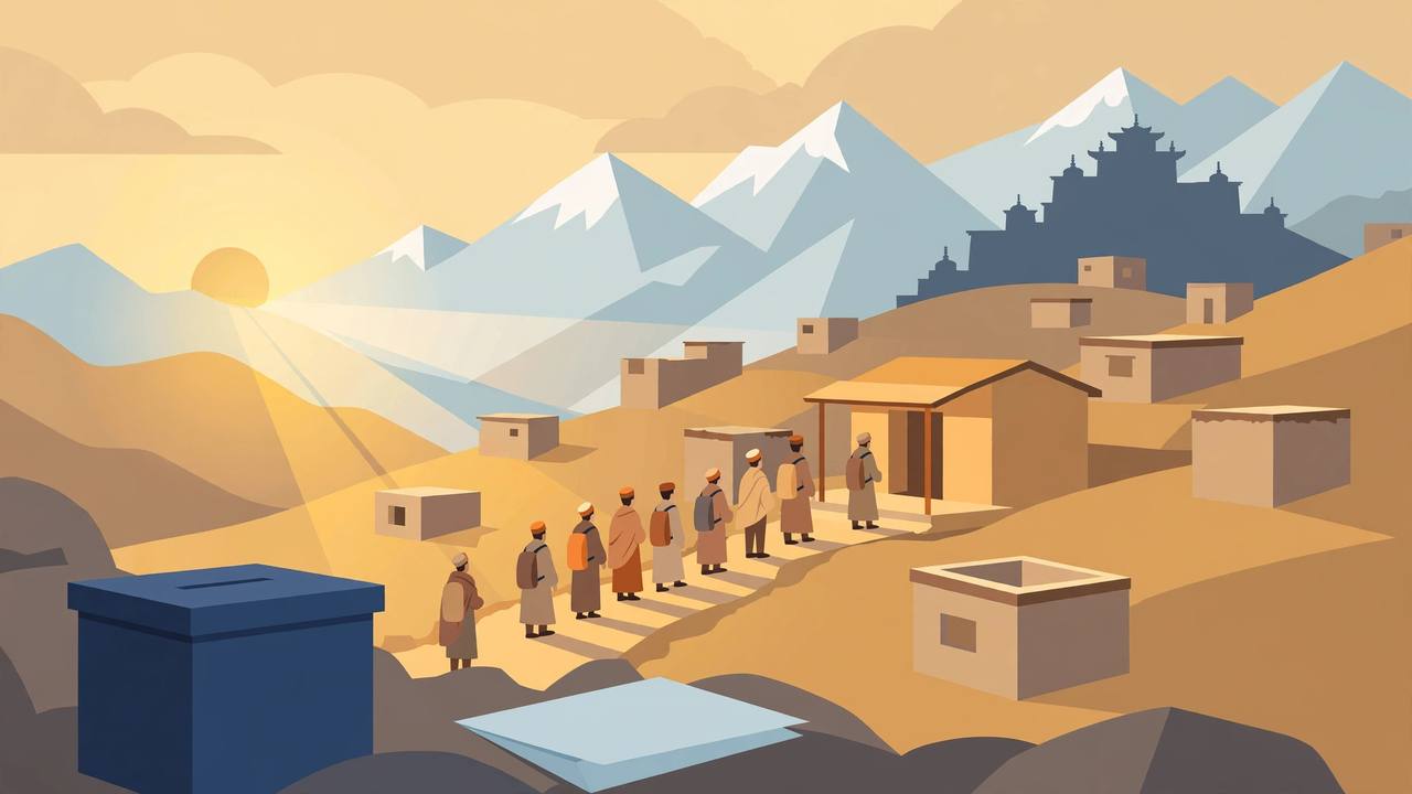 Editorial illustration of a ballot box and ballot paper in a Himalayan mountain town, with generic voters queuing at a small polling booth below snow-capped peaks and a monastery silhouette