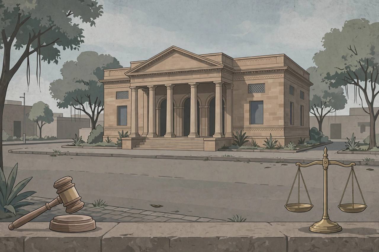 Editorial illustration of a district courthouse with a gavel and scales of justice, no people and no depiction of any incident