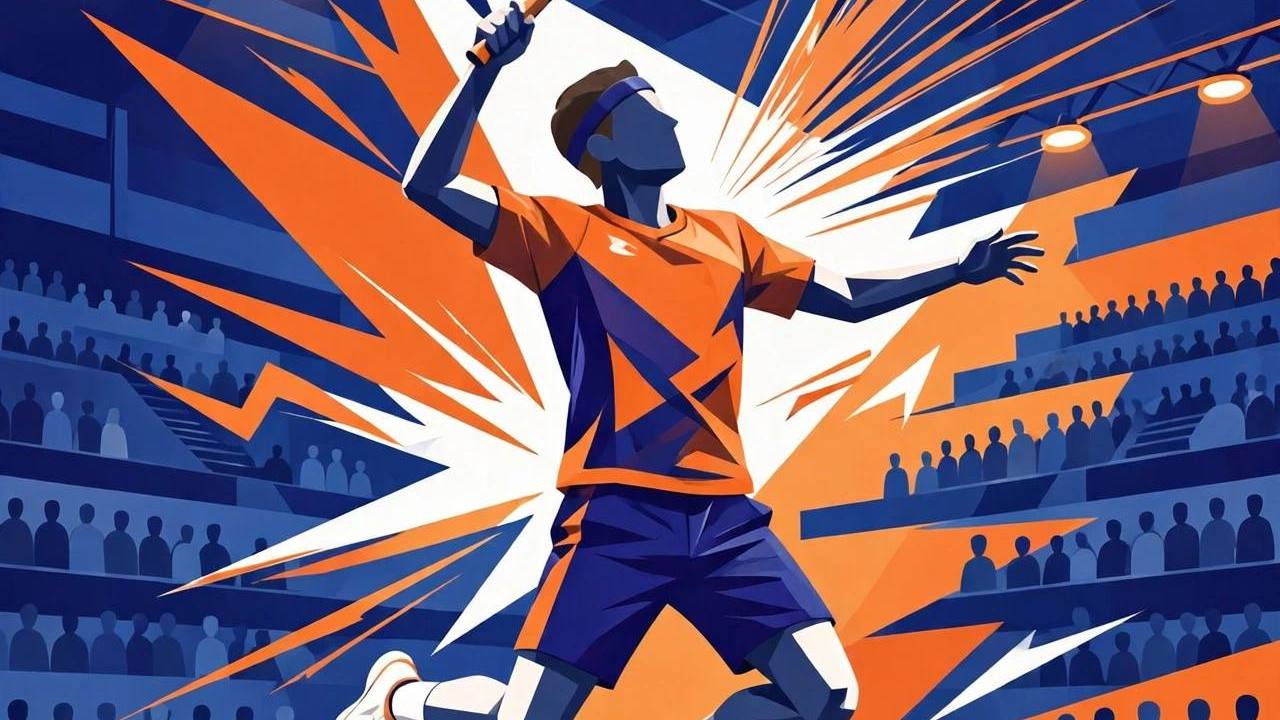 Editorial illustration of a men's badminton player in orange and blue playing a jumping smash in an indoor arena