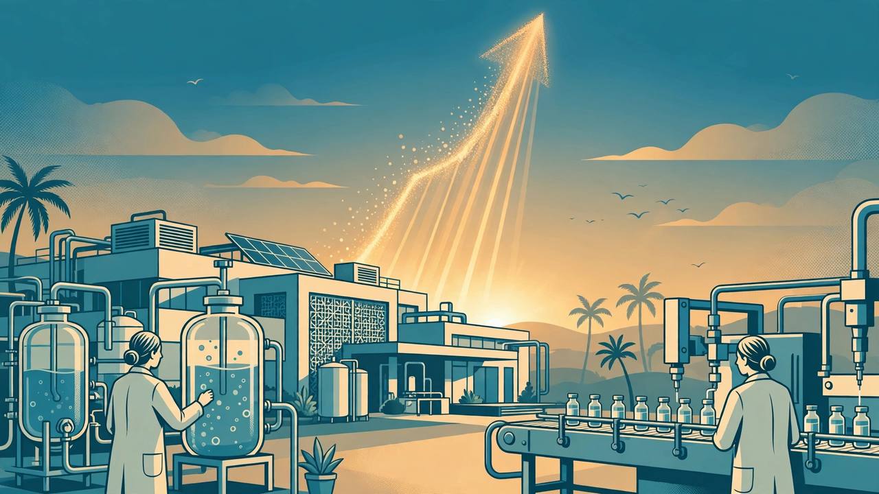 Editorial illustration of a pharmaceutical research and manufacturing plant in India with bioreactors and medicine vials