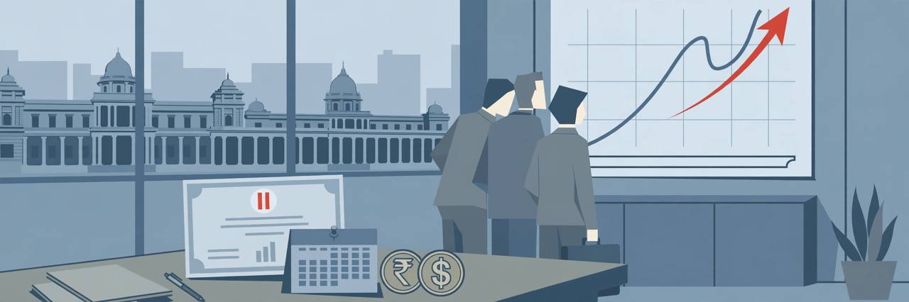 Editorial illustration of generic bankers looking at a rising US Treasury yield chart, with a paused dollar bond certificate and rupee and dollar coins on a desk