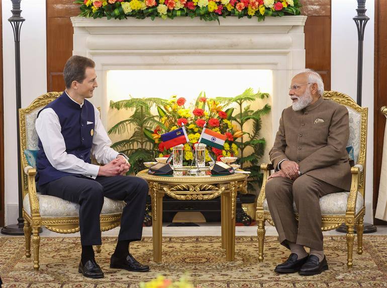 Prime Minister Narendra Modi with Hereditary Prince Alois of Liechtenstein at Hyderabad House, New Delhi, February 2026 file photo