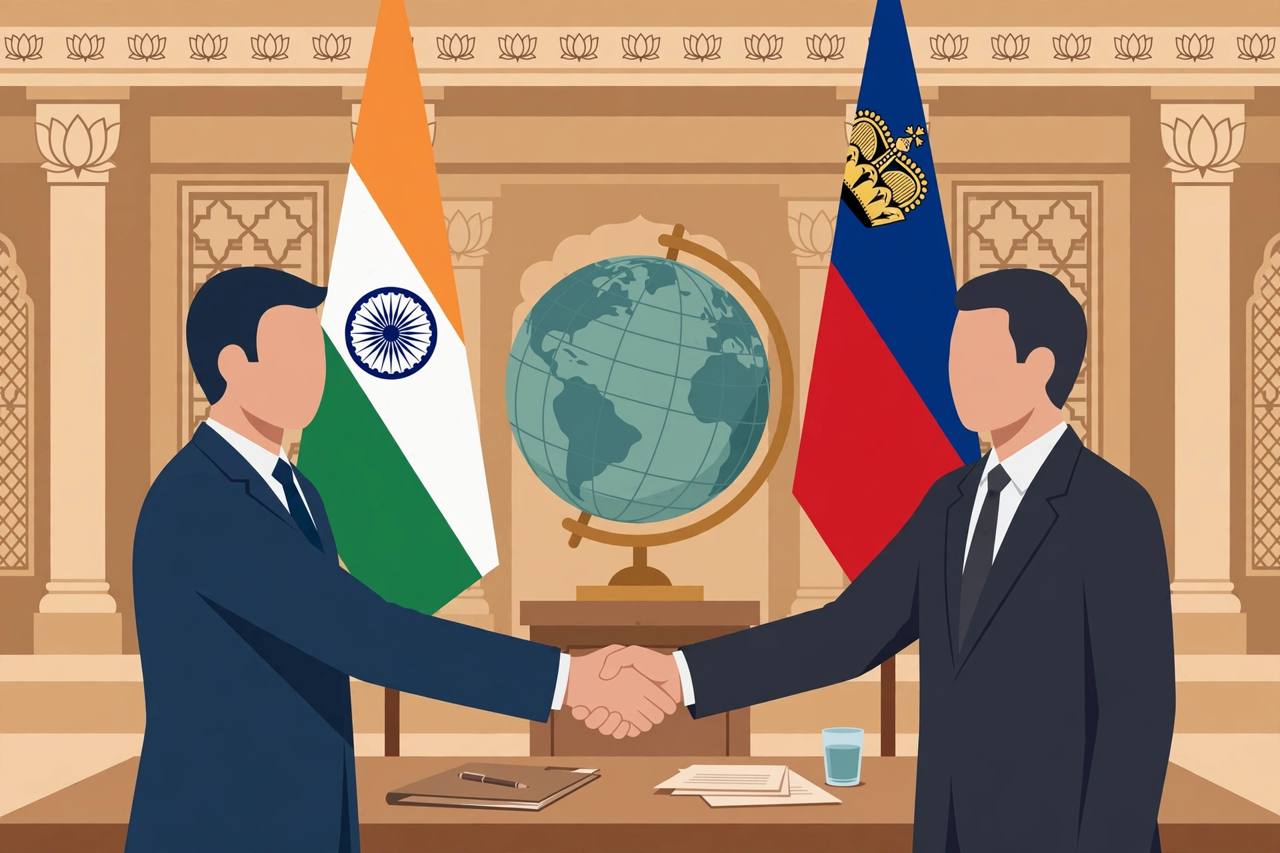 Editorial illustration of two generic diplomats shaking hands at a table between the flags of India and Liechtenstein, with a globe in a formal hall