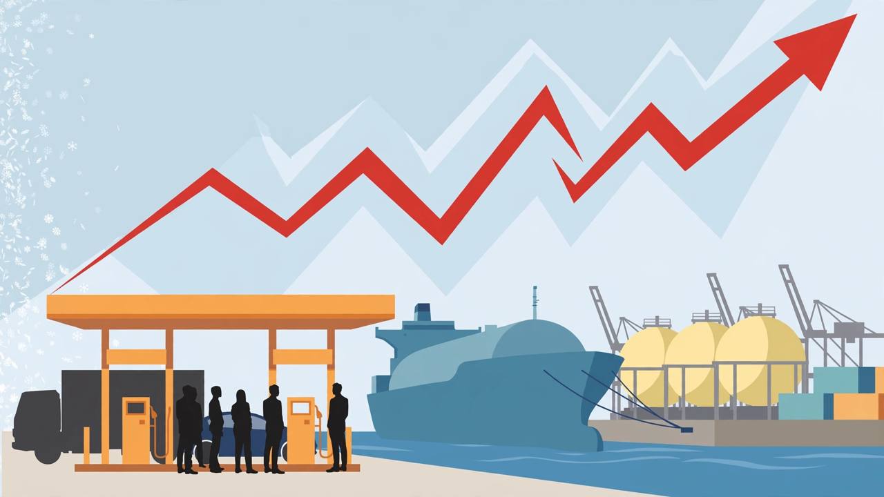 Editorial illustration of an LNG tanker at a port with gas storage tanks and a petrol pump, under a rising red price arrow