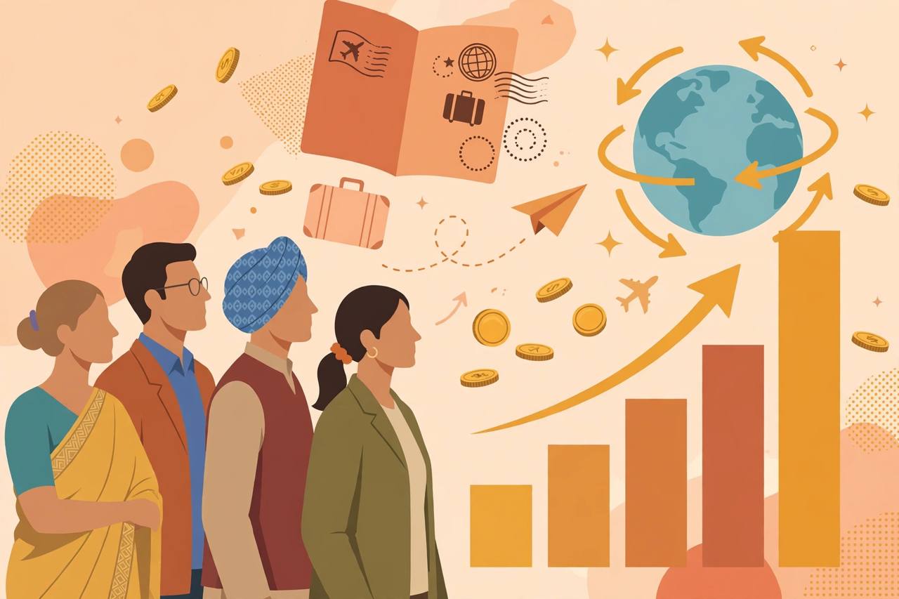Editorial illustration of generic investors, a rising chart and a globe