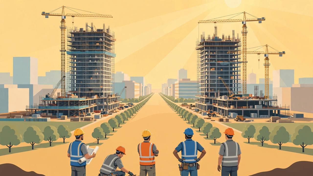 Editorial illustration of two tall government office towers under construction with cranes on either side of a wide ceremonial avenue, with generic construction workers in hard hats in the foreground