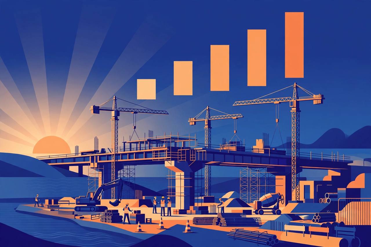 Editorial illustration of a large infrastructure construction site with tower cranes and a bridge under construction