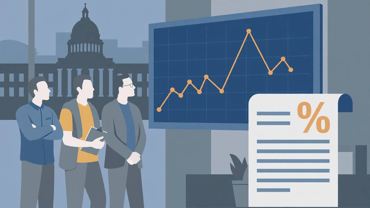 Editorial illustration of generic investors watching a stock market chart beside a tax document with a percentage symbol, with a government building in the background