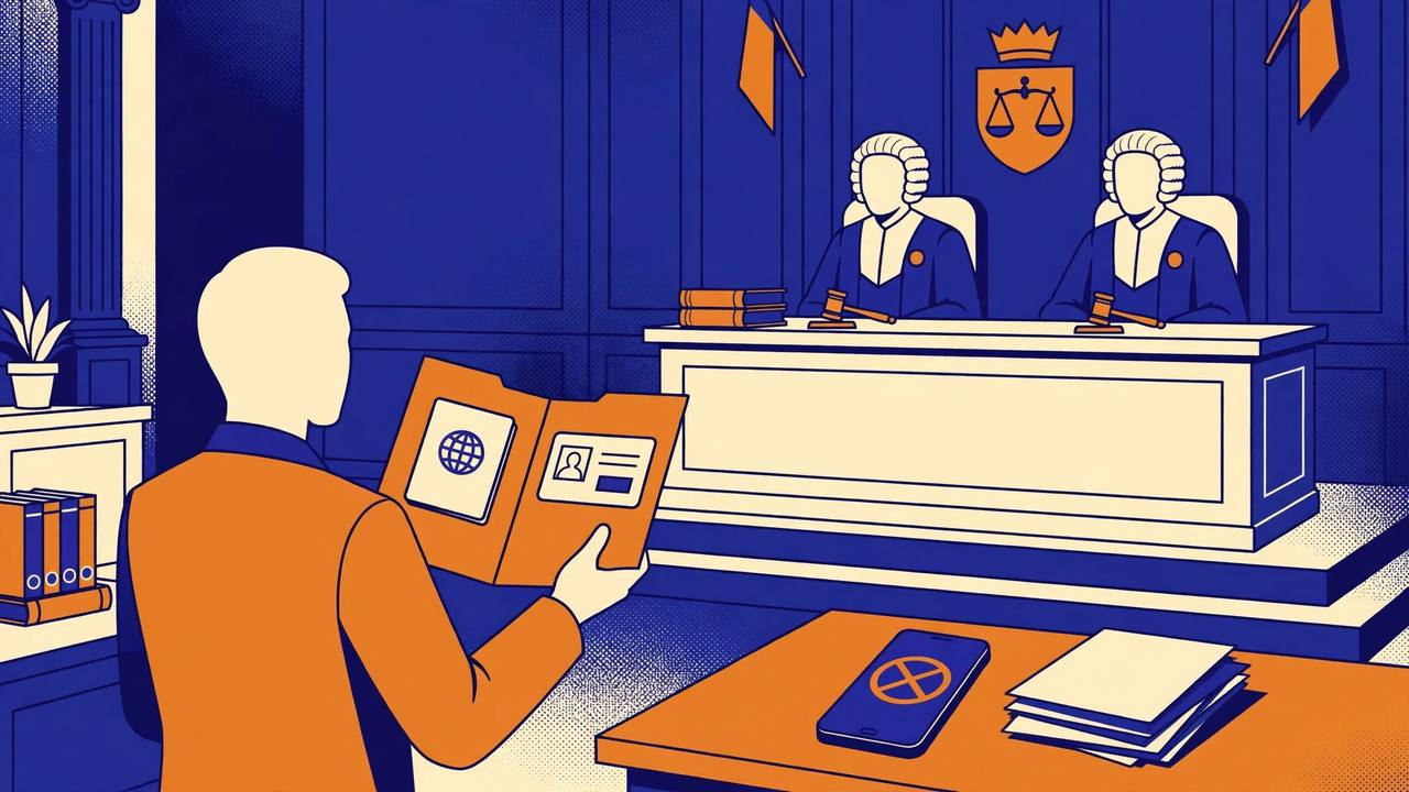 Editorial illustration of a high court bench of two generic judges with a lawyer holding a folder of generic identity documents and a blocked smartphone on a table