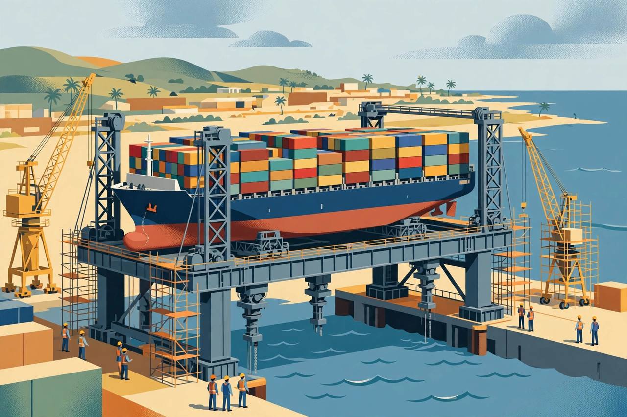 Editorial illustration of a container ship lifted out of the water on a giant shiplift platform at a shipyard near Chennai, with cranes and workers