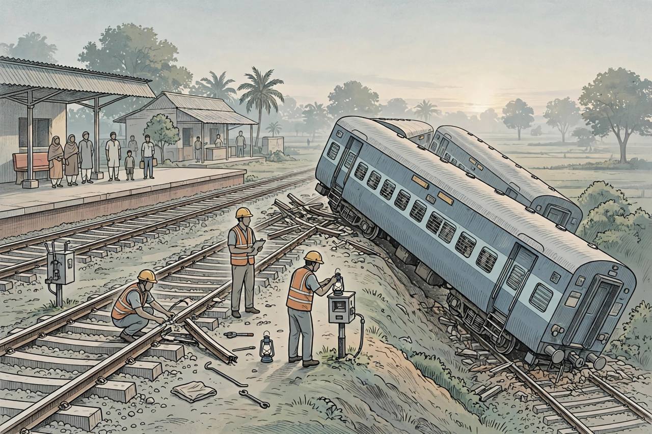 Editorial illustration of a passenger train at a station at dawn with coaches tilted off the track and railway staff inspecting the line