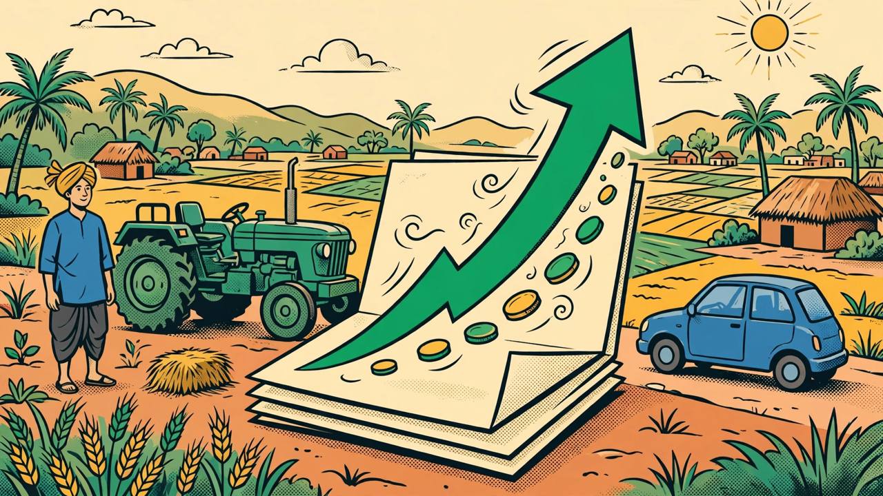Editorial illustration of a generic farmer beside a tractor and a car with a loan document and a rising green arrow - flat style, no real person's face, no text, no logos