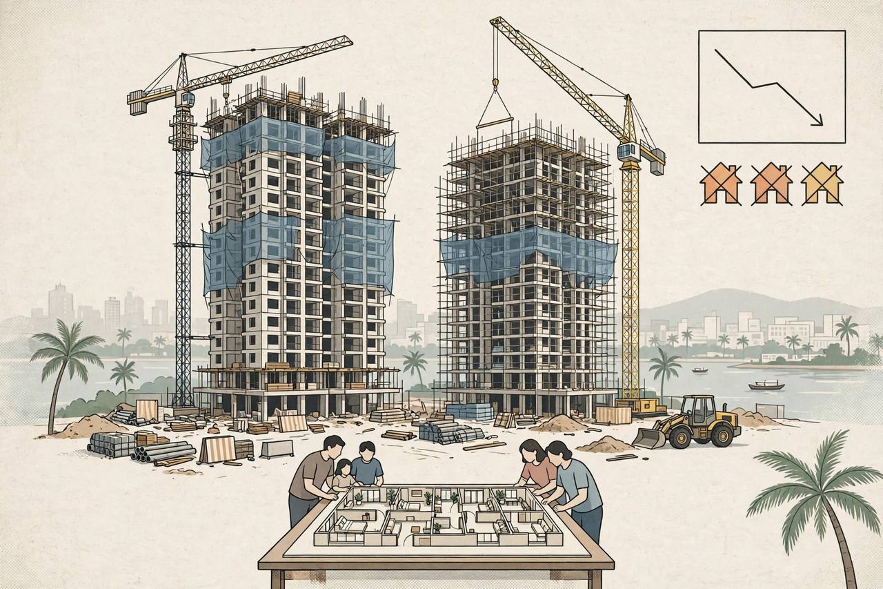 Editorial illustration of residential towers under construction in Mumbai with cranes, home buyers at a model flat and a small downward profit chart