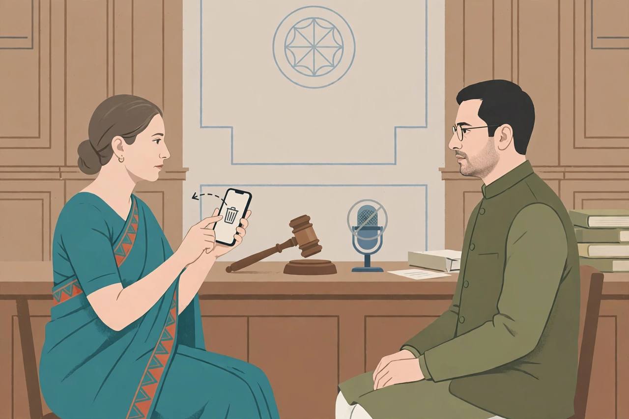 Editorial illustration of a generic woman parliamentarian holding a smartphone with a delete gesture facing a generic man parliamentarian across a courtroom bench, with a gavel and a muted podcast microphone between them