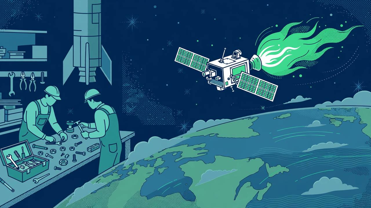 Editorial illustration of a satellite with a green propulsion thruster in orbit above Earth