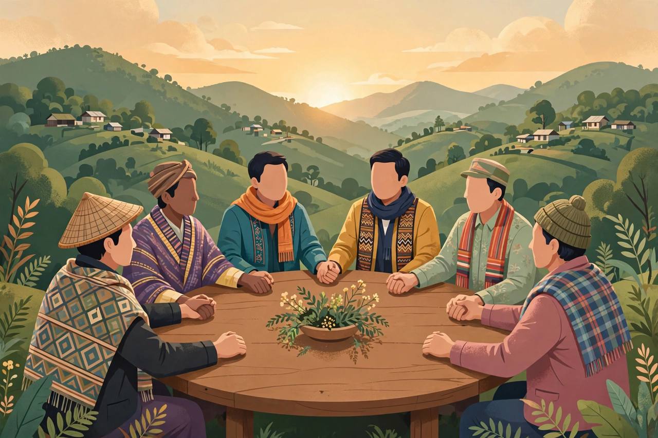 Editorial illustration of generic community leaders from Manipur's hills and valley sitting together around a round table in unity