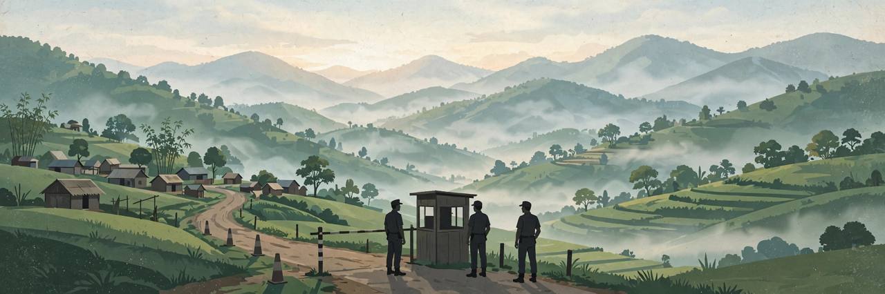 Editorial illustration of security personnel at a quiet road checkpoint in the green hills of Manipur at dawn