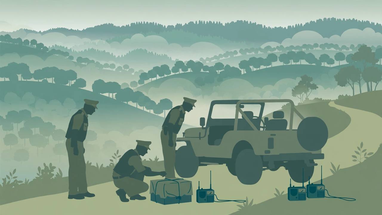 Editorial illustration of generic uniformed security personnel inspecting a stopped jeep on a misty hill road in northeast India, with a covered crate and radio sets on the ground