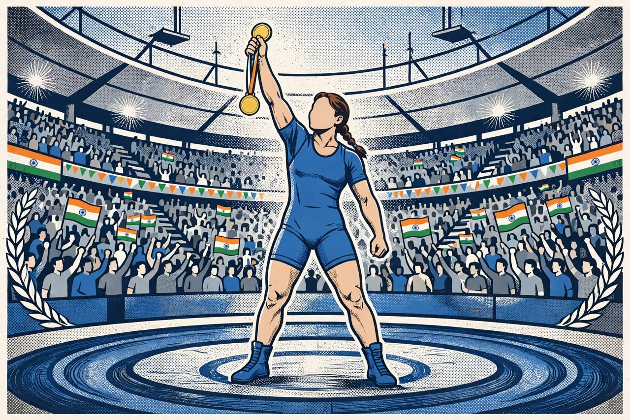Editorial illustration of a woman wrestler holding up a gold medal in a packed arena with Indian flags in the crowd