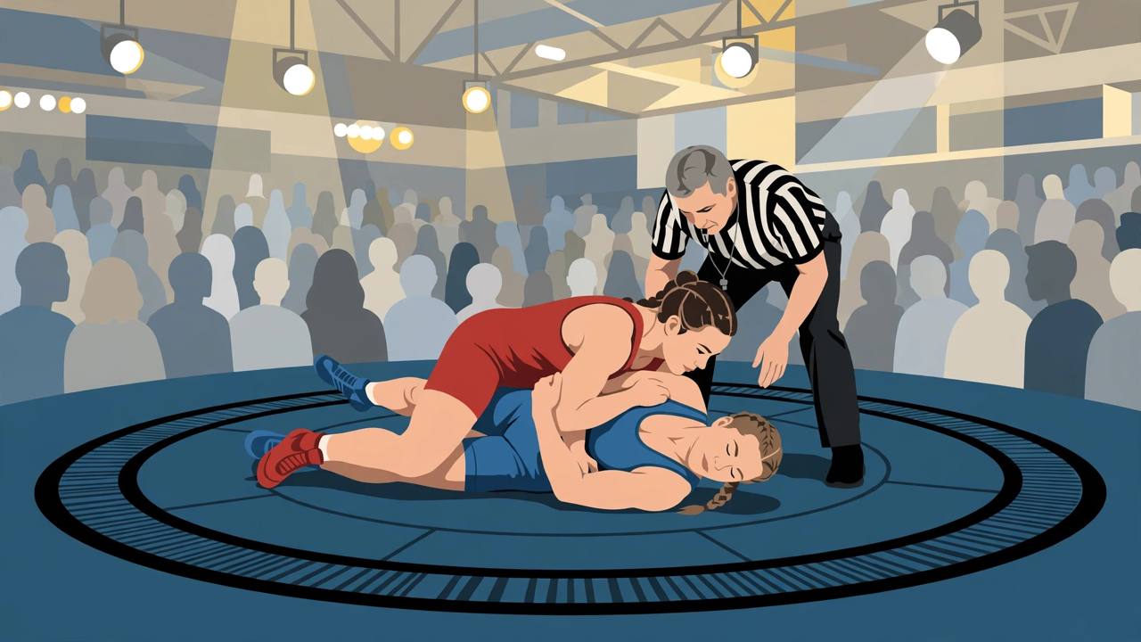Editorial illustration of a women's wrestling bout on an arena mat, one wrestler completing a pin as the referee leans in to watch