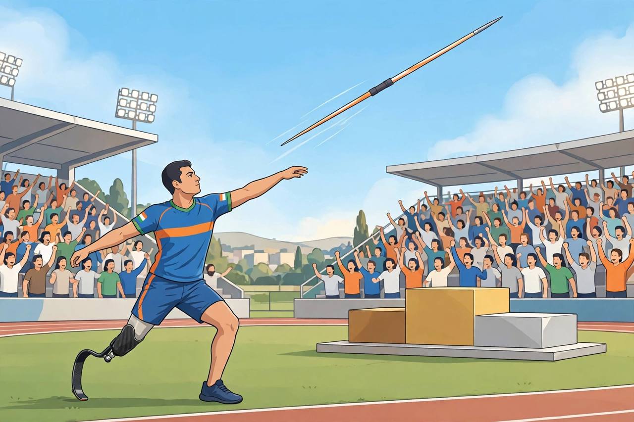 Editorial illustration of a generic para-athlete throwing a javelin in a stadium at the Asian Para Games
