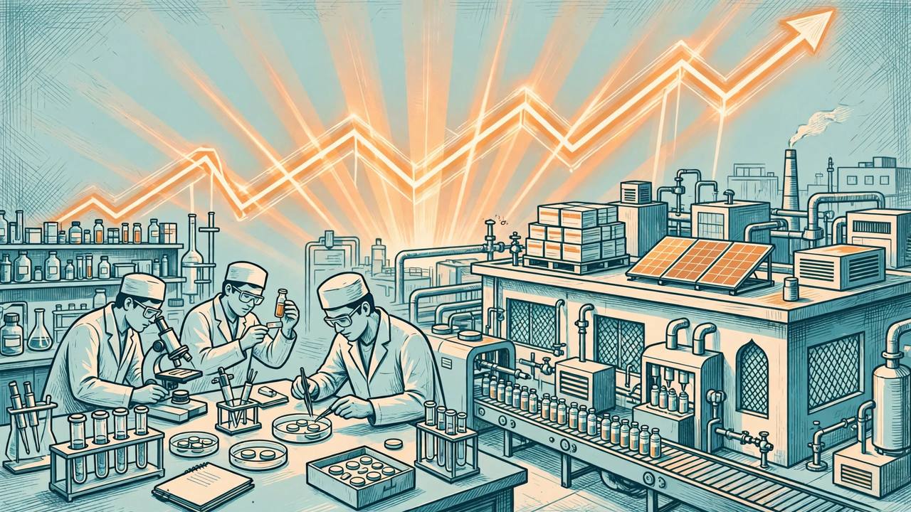 Editorial illustration of an Indian pharmaceutical factory and laboratory with scientists examining medicine vials