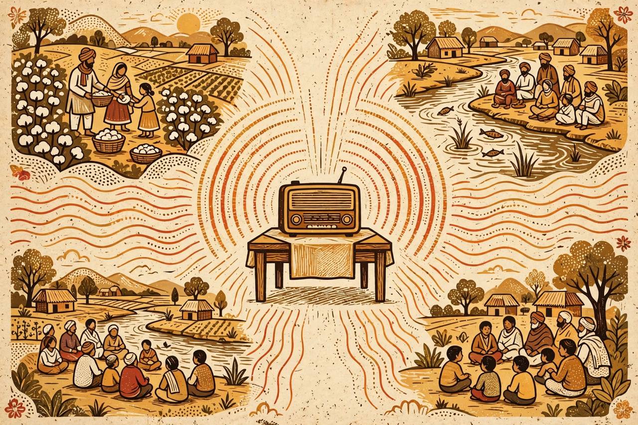 Editorial illustration of a vintage radio with sound waves and generic Indian families listening together near cotton plants and a revived river