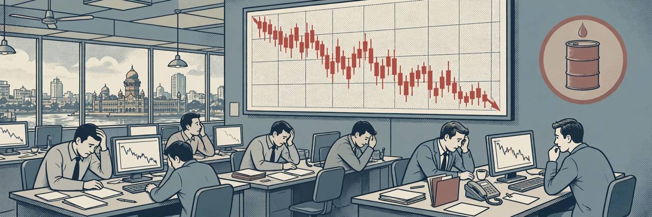 Editorial illustration of a Mumbai trading floor with a falling red market chart and an oil barrel in the background