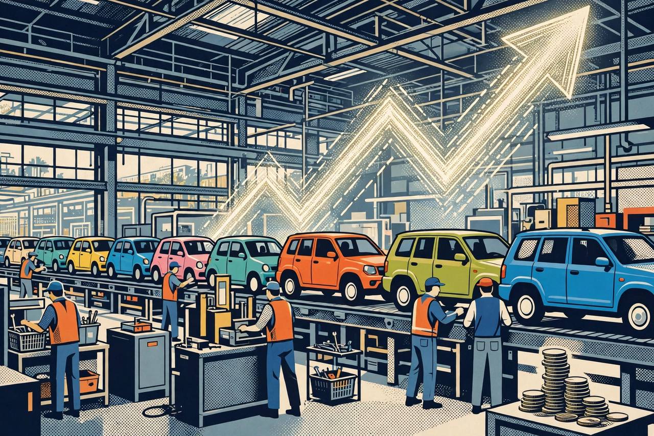 Editorial illustration of an Indian car factory assembly line with hatchbacks and SUVs, a rising sales arrow and a smaller falling coin stack