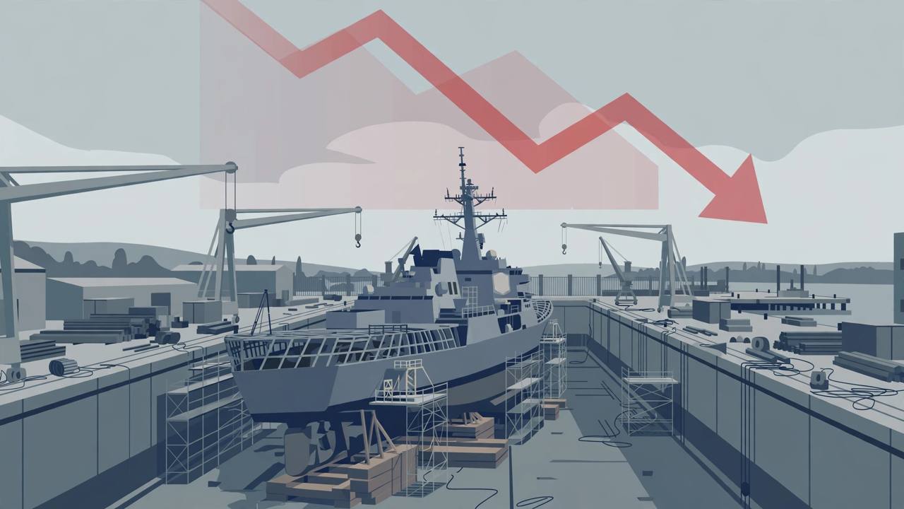Editorial illustration of a naval warship under construction in a dry dock with cranes and a falling chart arrow