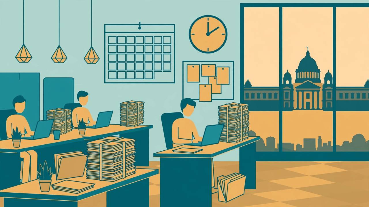 Editorial illustration of company staff at desks with stacks of filing documents, a calendar and a clock
