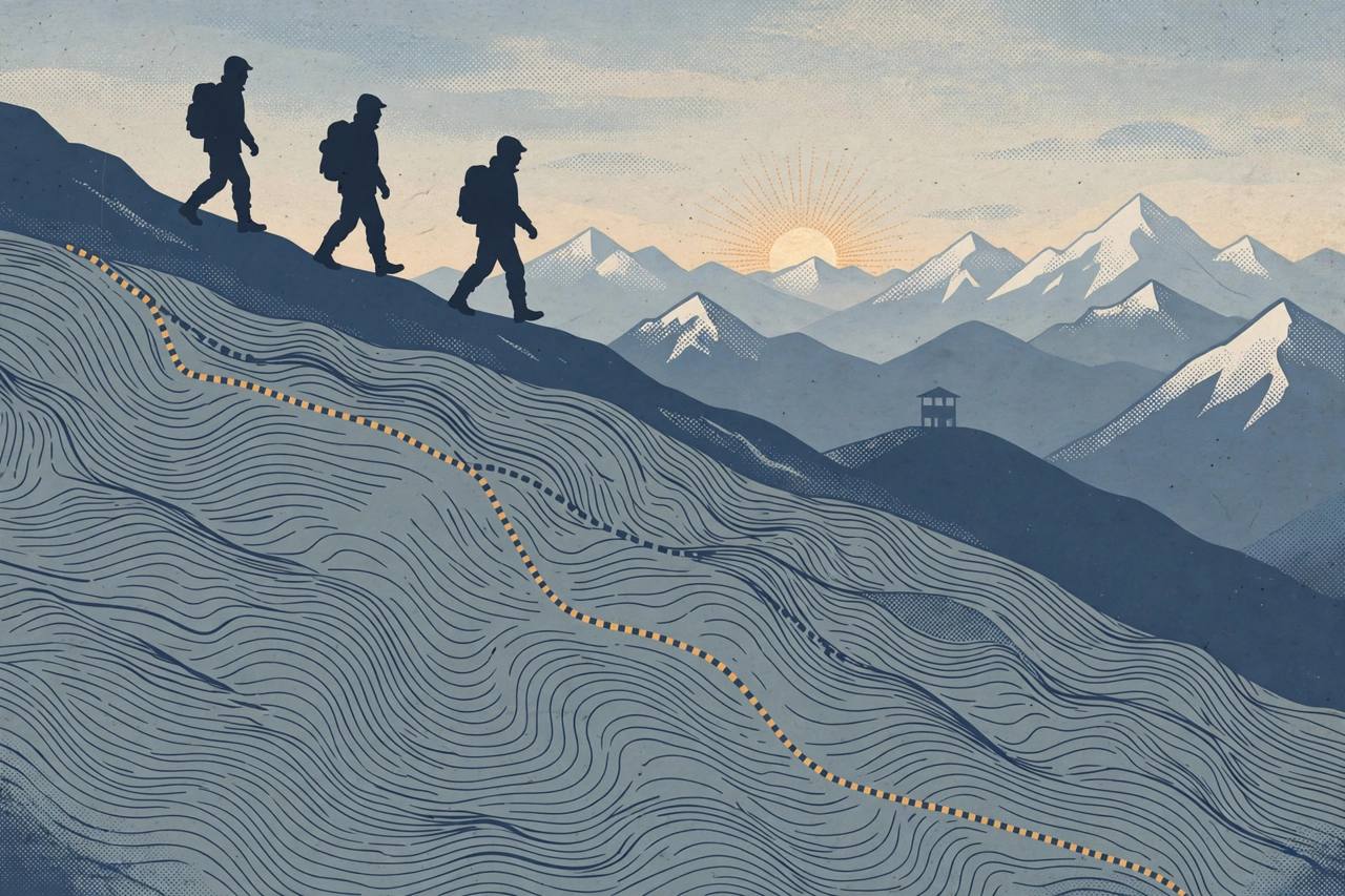 Editorial illustration of generic border patrol soldiers on a high Himalayan ridge above a stylised disputed boundary line