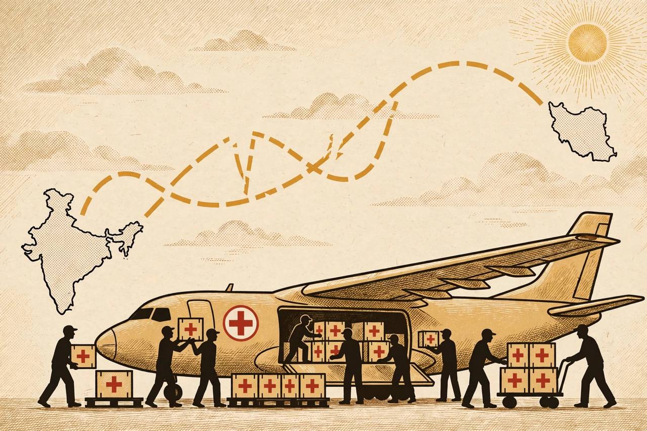 Editorial illustration of workers loading medicine crates onto a cargo aircraft, with a broken dashed route between maps of India and Iran