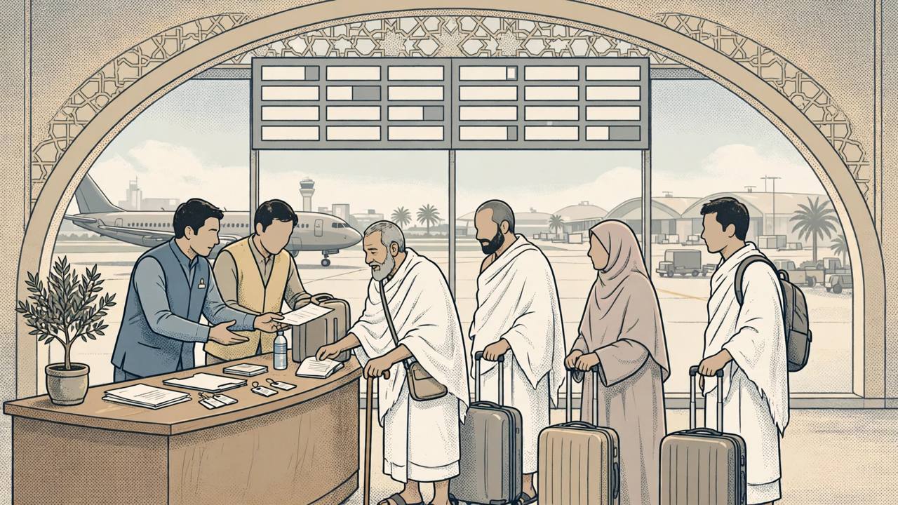 Editorial illustration of Indian consular staff helping Umrah pilgrims with luggage and documents at an airport help desk in Saudi Arabia, flat style, no text, no real people