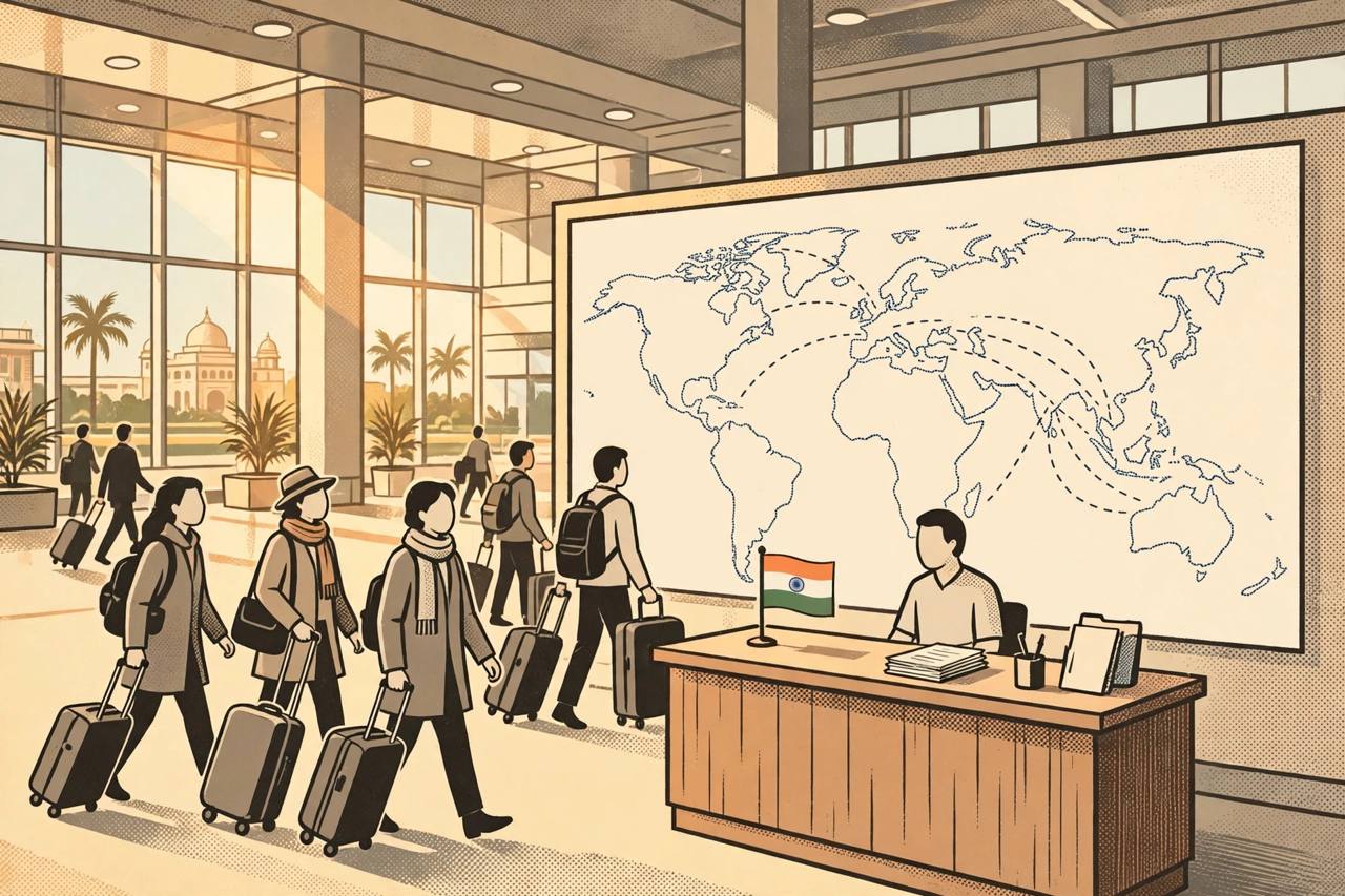 Editorial illustration of travellers with suitcases at an airport consular help desk with an Indian flag and a world map with dashed return routes