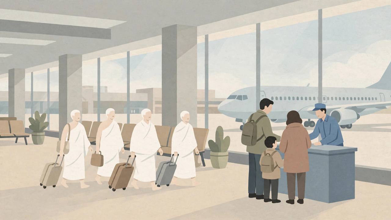 Editorial illustration of pilgrims in white ihram clothing with suitcases at an airport terminal, generic figures
