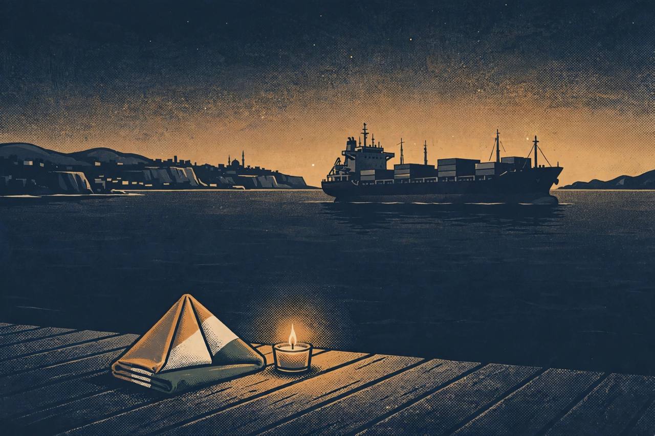 Editorial illustration of a cargo ship at sea at dusk off a West Asia coastline, with a lit candle and a folded Indian flag on a quiet dock