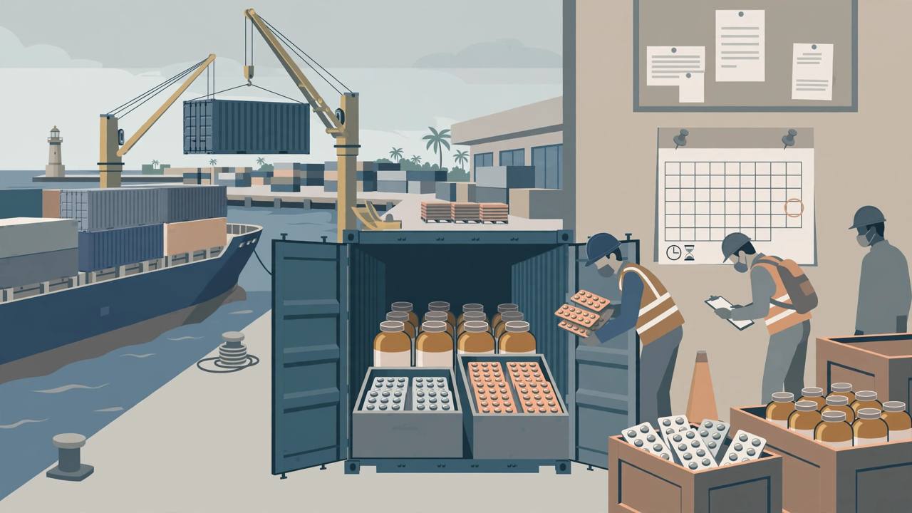 Editorial illustration of inspectors checking medicine bottles and blister packs in a shipping container at a port