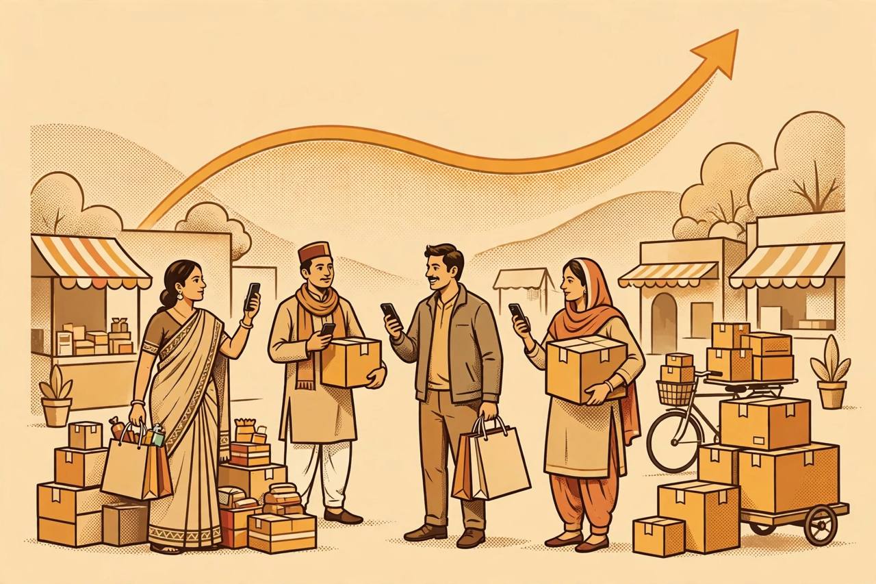 Editorial illustration of Indian online shoppers with smartphones, parcels and a rising growth curve