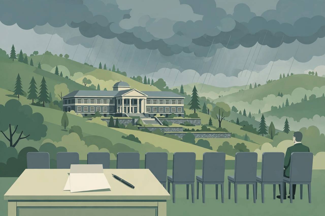 Editorial illustration of a state assembly building in the green hills of Shillong, a ministerial desk with a resignation letter and pen, and a row of eleven empty chairs beside one single occupied chair under monsoon clouds