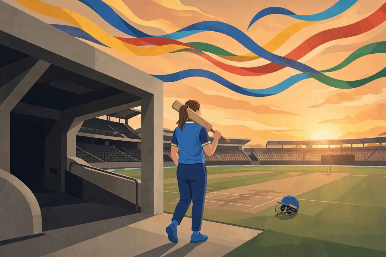 Editorial illustration of a generic women cricketer in a blue jersey, seen from behind, carrying a bat out of a stadium tunnel at sunset with a helmet on the pitch, flat style, no real person depicted