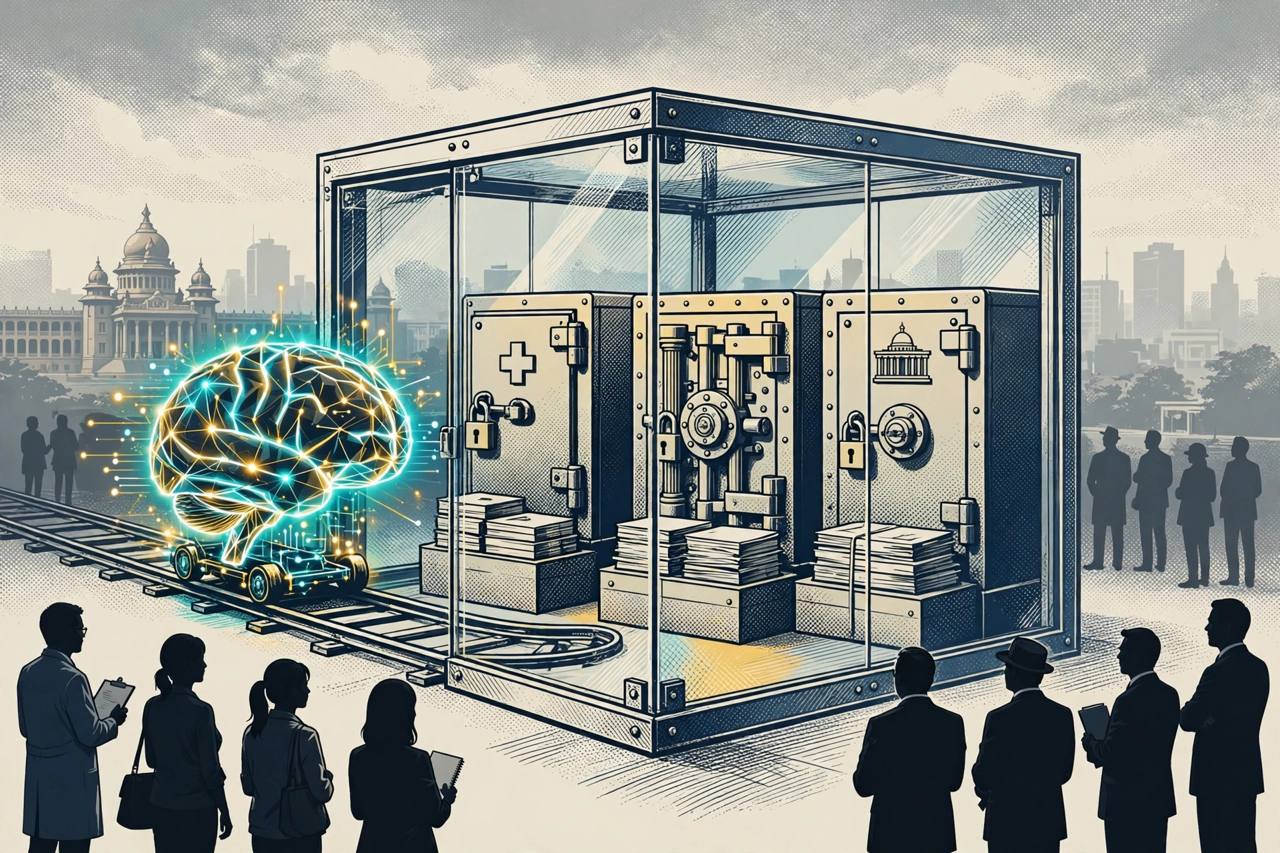 Editorial illustration of a glowing AI brain travelling on a track into a sealed glass room holding locked hospital, bank and government data vaults, with researchers watching outside and the Bengaluru skyline behind