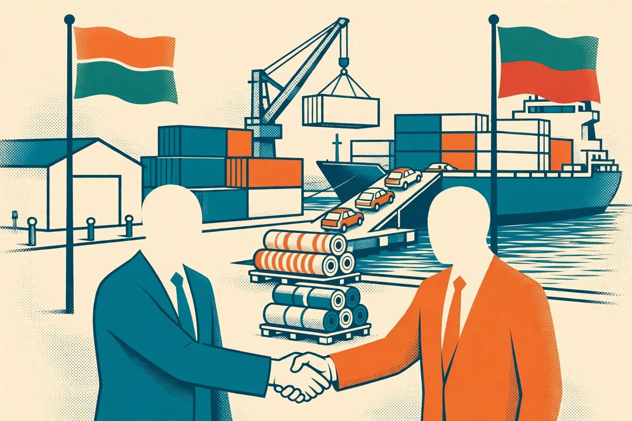 Editorial illustration of cargo containers, cars and textiles being loaded onto a ship for export