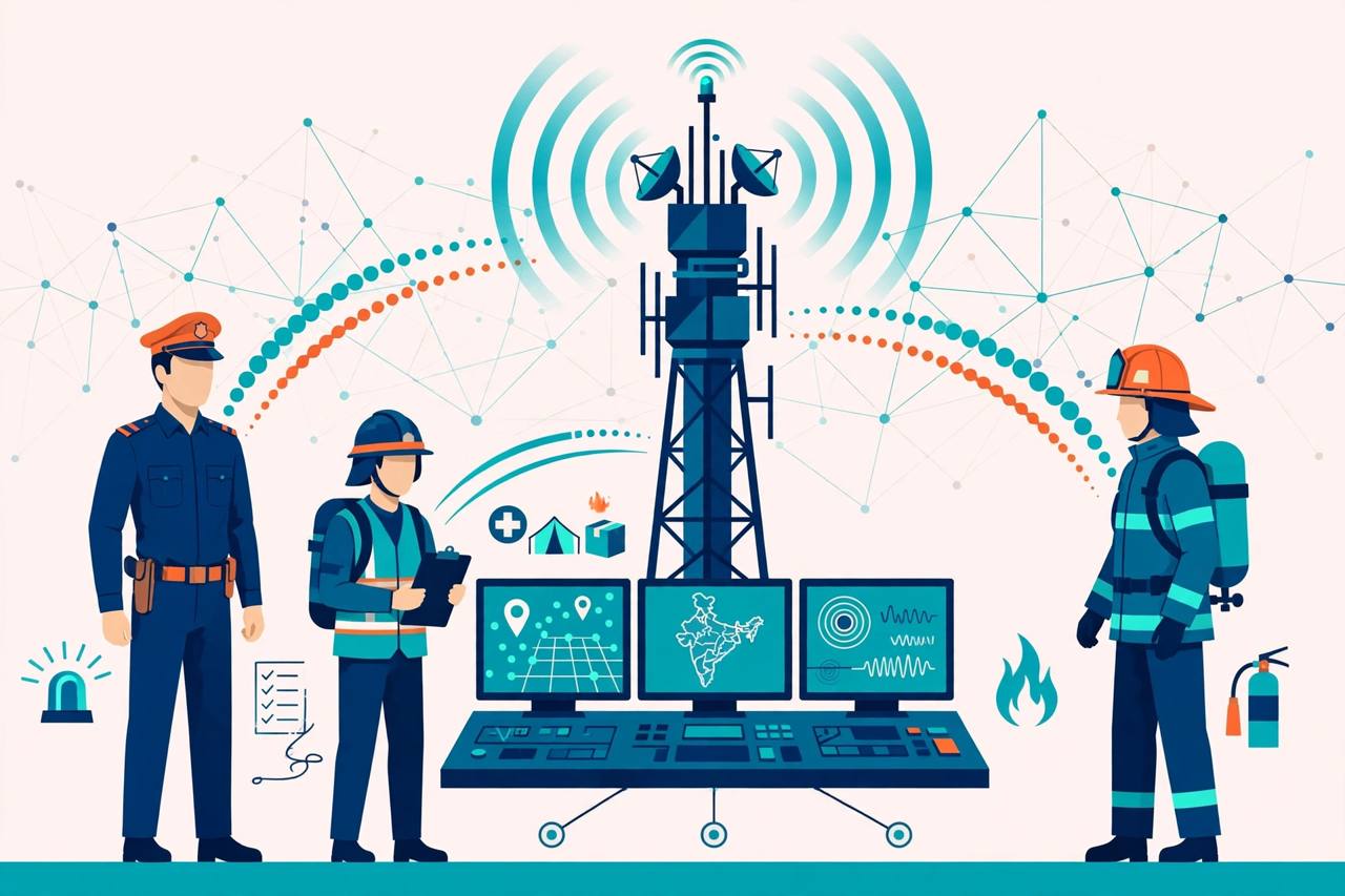 Editorial illustration of a central emergency communications tower and control-room screens showing a map of India, with generic police, disaster-response and fire-service figures connected by signal arcs; generic figures only, no real person depicted
