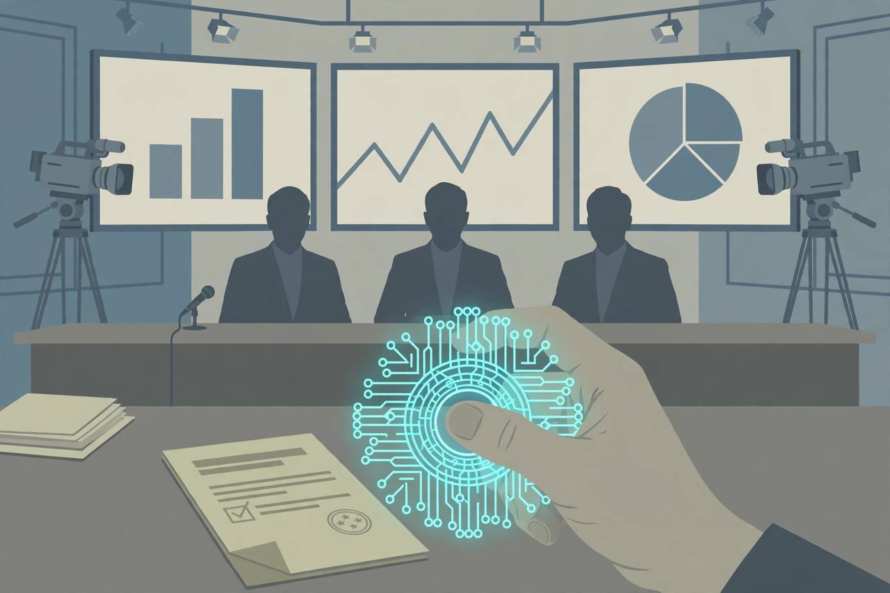 Editorial illustration of a television news studio with generic anchors, broadcast cameras and an AI symbol being kept in check
