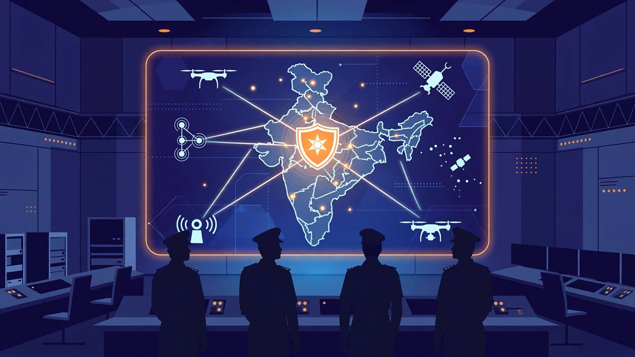 Editorial illustration of a secure military command room with a digital map of India, drones and satellites linked to a central shield