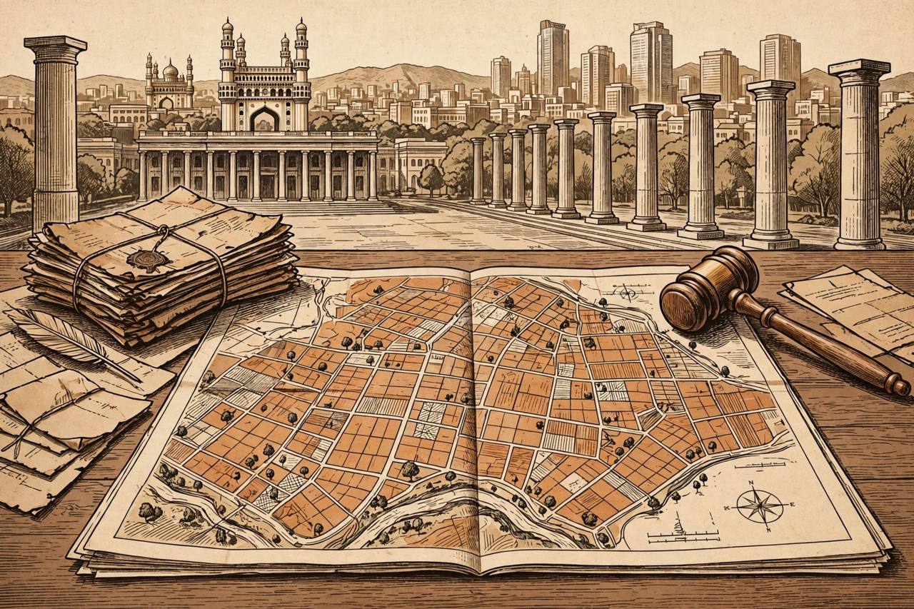 Editorial illustration of a land survey map with a judge's gavel, old land documents and the Hyderabad skyline