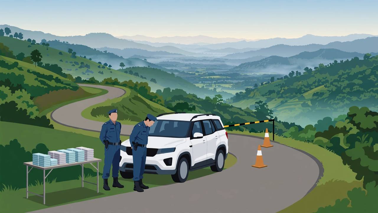 Editorial illustration of a police checkpoint on a Mizoram hill road, with a stopped white SUV and seized packets stacked on a table