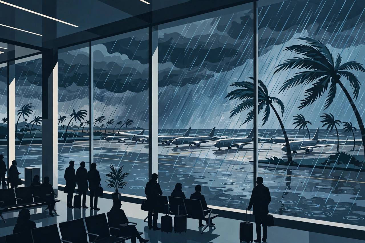 Editorial illustration of travellers waiting inside an airport terminal while aeroplanes stand on a rain-soaked tarmac under dark cyclone clouds, with palm trees bending in the wind